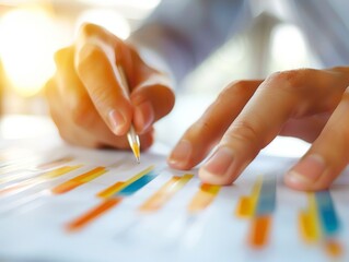 Close-up of hands highlighting key points in marketing analysis, documents and charts, focused environment market insights 