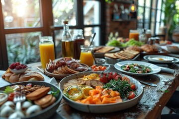 Obraz premium A sumptuous brunch spread with assorted dishes, fresh fruits, and beverages, presented with a view of greenery outside