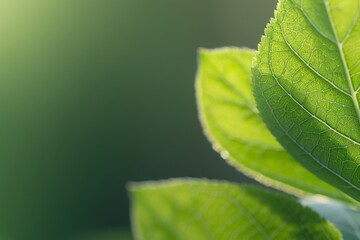 Close-up of young green leaves with delicate structure, backlit by sunlight, creating a soft glow