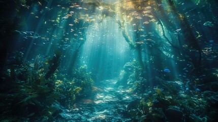 A deep blue ocean with a path of light shining through it