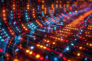 A dynamic image depicting a tunnel vision effect with digital binary code and multi-colored lights, illustrating speed and data