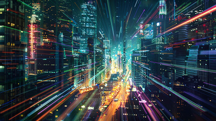 Vibrant cityscape at night with streaks of light motion blur
