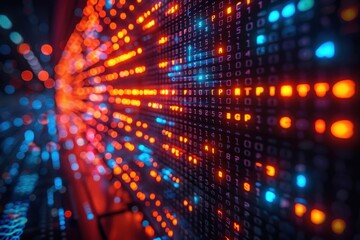 A display of binary code with red LED lights representing data and digital information flow in computer systems