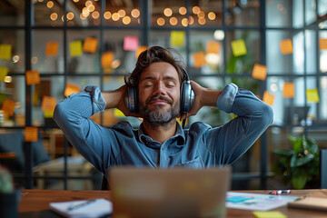 Office Relaxation: Man Enjoying Music with Headphones in Creative Workspace