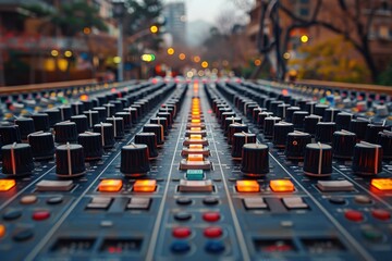 Obraz premium A sound mixing panel with multiple levels of colorful knobs and sliders in bokeh background