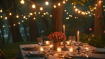 Romantic Outdoor Dinner with String Lights with Ai generated.
