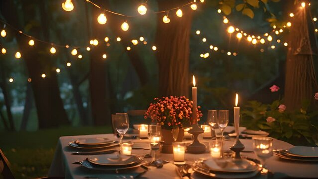 Romantic Outdoor Dinner with String Lights with Ai generated.
