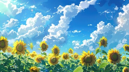 Sunflowers in front of a backdrop of a blue cloudy sky Scenery featuring a sunflower field against the backdrop of clouds