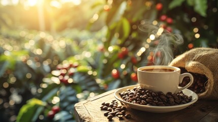 Steaming coffee and fresh coffee berries from plantation farm.