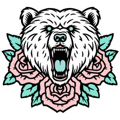 Roaring Bear Head with Roses Illustration on White Background, artwork design for t-shirt, sticker and print.