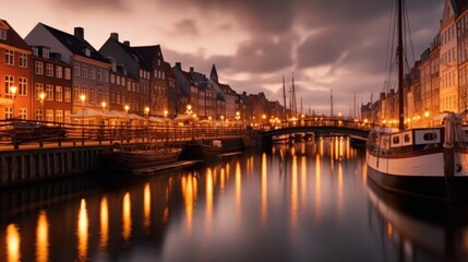 Obraz premium beautiful view at the water's edge at dusk with reflections in the water. There are several boats docked along the side, and rows of traditional buildings