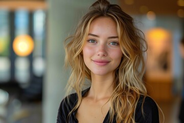 Obraz premium Woman With Blonde Hair Smiling Indoors