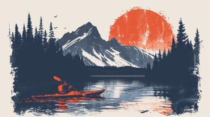 Vintage poster of man kayaking in water with mountain forest and sun.