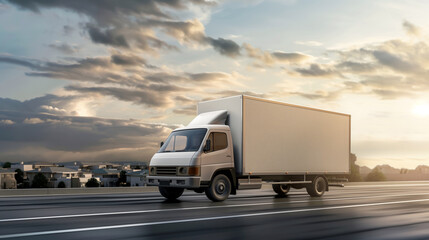 a multi-purpose delivery truck is driving on the highway over the sunset sky.