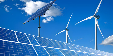 Fontes de energia renovável com turbinas eólicas e painéis solares