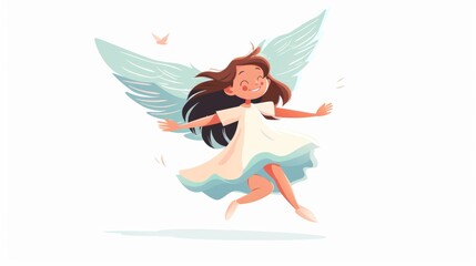 Cute cartoon character angel with wings flying in sky