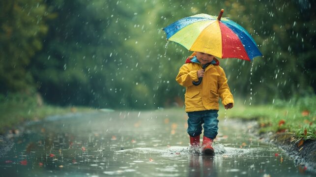 Little child in rain coat with umbrella playing in rain outdoors