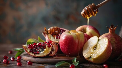 Pouring honey on apple and pomegranate with honey