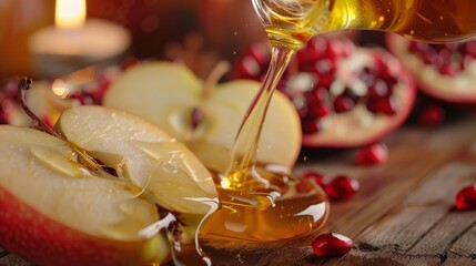 Pouring honey on apple and pomegranate with honey