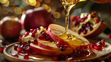 Pouring honey on apple and pomegranate with honey