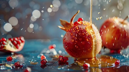 Pouring honey on apple and pomegranate with honey