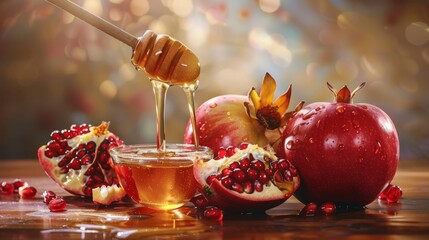 Pouring honey on apple and pomegranate with honey