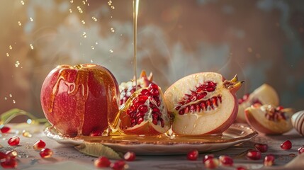 Pouring honey on apple and pomegranate with honey