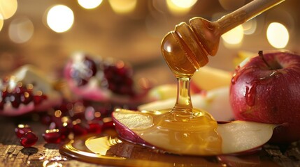 Pouring honey on apple and pomegranate with honey