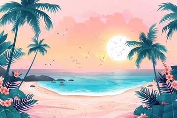 Obraz premium A beach scene with an orange umbrella and two orange starfish