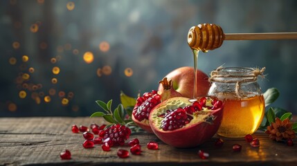 Pouring honey on apple and pomegranate with honey