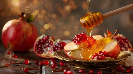 Pouring honey on apple and pomegranate with honey