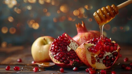 Pouring honey on apple and pomegranate with honey