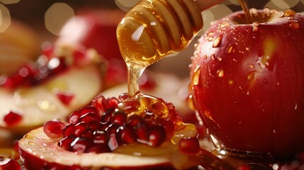 Pouring honey on apple and pomegranate with honey