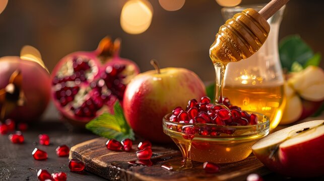 Pouring honey on apple and pomegranate with honey
