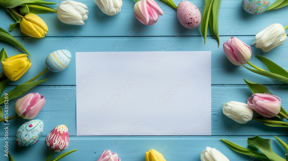 Wall mural top view of beautiful easter eggs on table with a blank paper in center for text