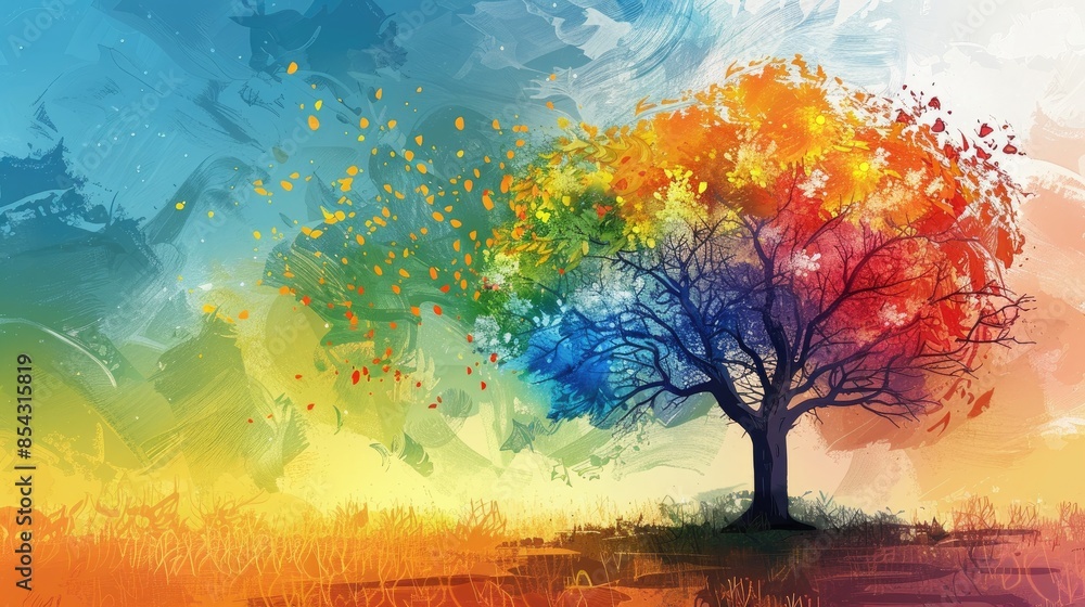 Poster a vibrant tree depicted through 2d illustration can serve as a captivating visual element when discu