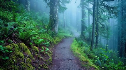 Fototapeta premium misty mountain trail serene landscape with fogshrouded path winding through lush forest nature photography