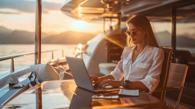 A beautiful female working on computer on deck of a luxury yacht in sea.