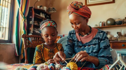 mother teaches daughter traditional south african handicrafts at home bonding over cultural heritage natural light lifestyle photography