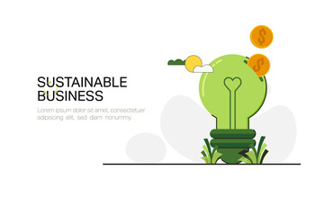 Sustainable Business. Light Bulb with Dollar coins. Circular Economy and  ESG concept. Green Energy, Ecology and environment development. Flat Vector illustration.