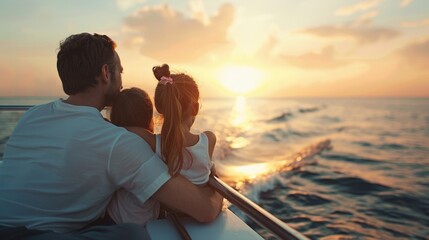 Fototapeta premium A happy family watching sunset together on deck of yacht.