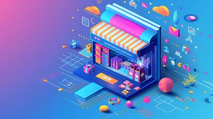 2. A vibrant digital marketplace with colorful banners and icons, showcasing enticing discounts and promotions for Cyber Monday