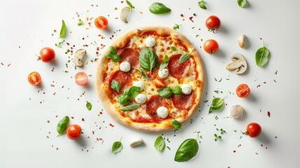 mouthwatering margherita pizza with ingredients levitating on white background creative food concept