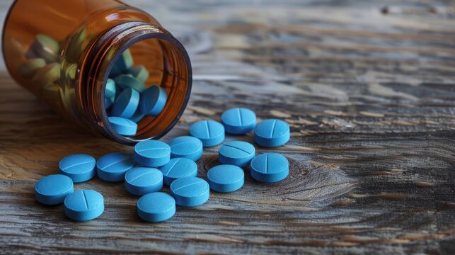 Blue generic pills for erectile dysfunction in a bottle on wooden background with space for text