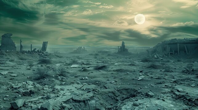 mysterious desolate landscape of an apocalyptic wasteland surreal digital art illustration