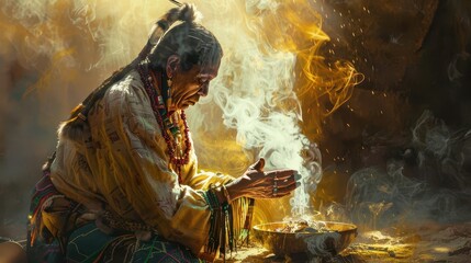 native american shaman performing sacred ritual with incense and traditional regalia digital painting