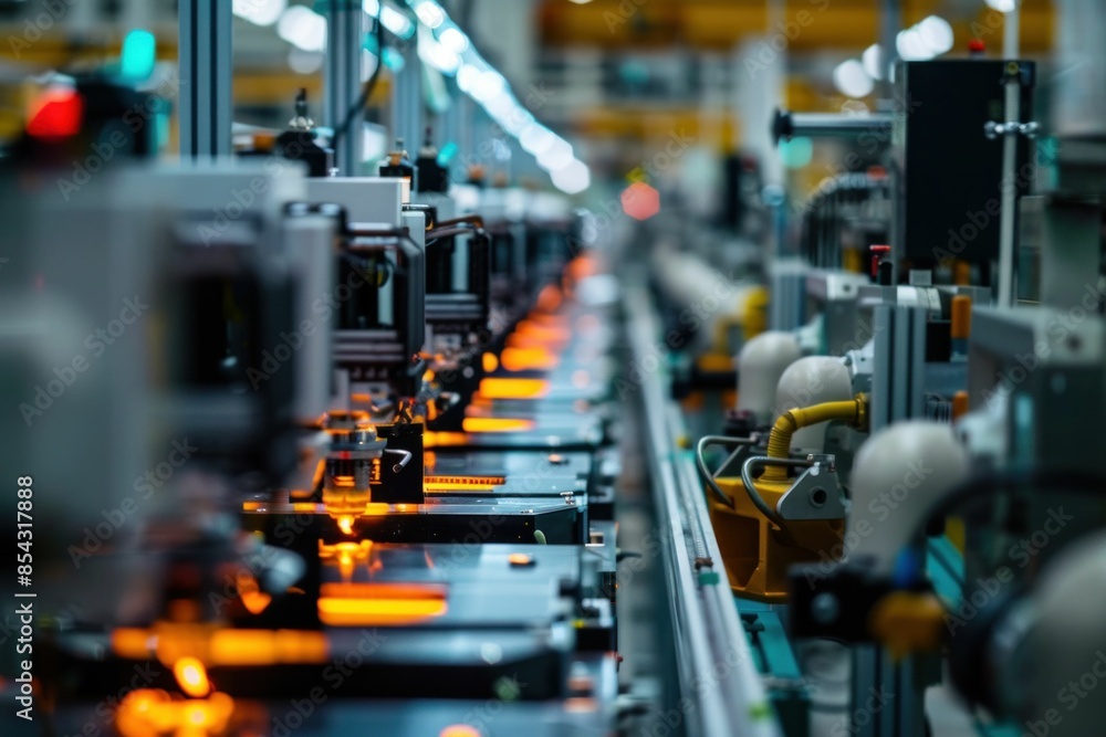 Poster industrial machinery assembly line in factory using advanced technology and automation for efficient