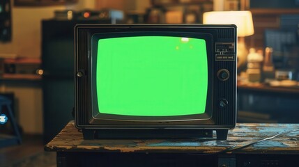 old tv with green screen isolated on white retro technology customizable