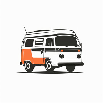 recommend clip art: Line drawing of camper van over white background.