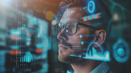 portrait of a man working on digital marketing online business management software technology on virtual screen, e-commerce virtual system 